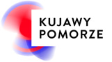 Logo Kujaw i Pomorza, wirujące koła i napis, wersja monochromatyczna