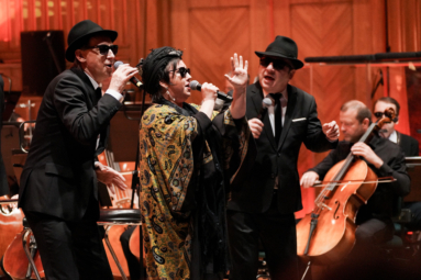 Maciej Miecznikowski, Jolanta Szczepaniak, Zbigniew Zamachowski w scenicznym przebraniu jako Bracia Blues na estradzie FP