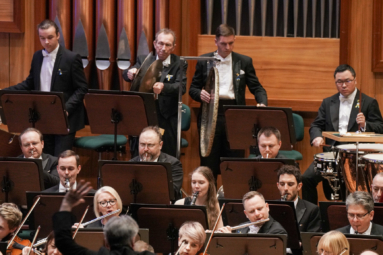 zdjęcie muzyków orkiestry z sekcji instrumentów dętych i perkusyjnych
