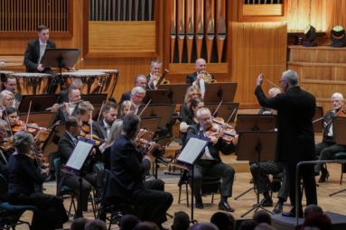 zdjęcie orkiestry na estradzie i dyrygenta podczas koncertu