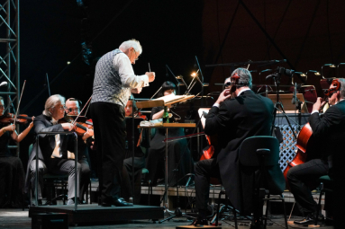 dyrygent i muzycy orkiestry na estradzie podczas koncertu plenerowego