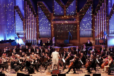 zdjęcie orkiestry symfonicznej grającej koncert dla dzieci na oświetlonej magicznie estradzie