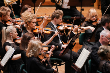 zdjęcie sekcji skrzypiec I i II orkiestry symfonicznej FP podczas koncertu