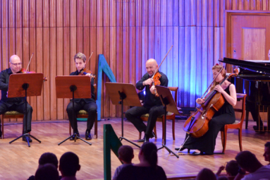zdjęcie muzyków grających na instrumentach smyczkowy oraz fortepianie