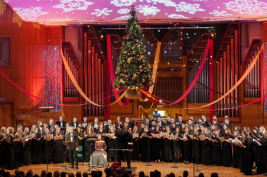 zdjęcie chóru i solistów podczas świątecznego koncertu na estradzie FP, nad którą wisi choinka
