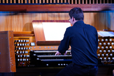 zdjęcie Filipa Presseisena w trakcie wykonywania utworu na organach