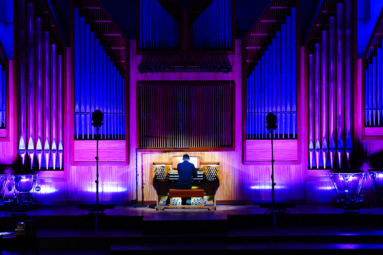 Zdjęcie podświetlonych organów i siedzącego przy nich organisty - Filipa Presseisena