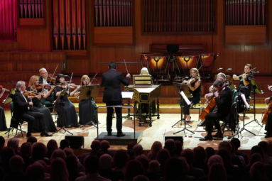 zdjęcie muzyków Orkiestry Kameralnej Capella Bydgostiensis siedzących na estradzie z instrumentami w rękach