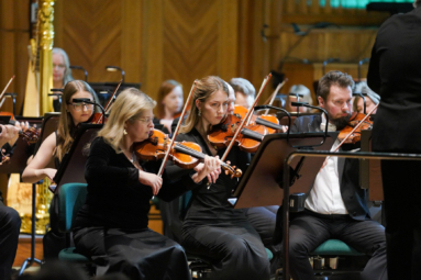 zdjęcie skrzypków orkiestry symfonicznej grających na instrumentach i patrzących ze skupieniem na puplit z nutami