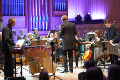 duet perkusistów grających na marimbie i ksylofonie z towarzyszeniem orkiestry kameralnej siedzącej w oddali