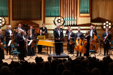 zdjęcie dyrygenta i orkiestry kameralnej zwróconej w strone oklaskujacej ich publiczności