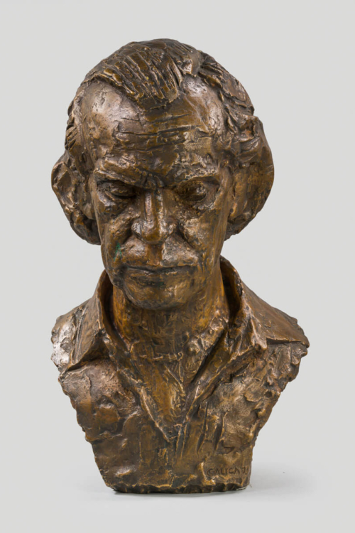 Popiersie wykonane z brązu przedstawia głowę Witolda Małcużyńskiego z realistycznymi rysami twarzy i detalami.