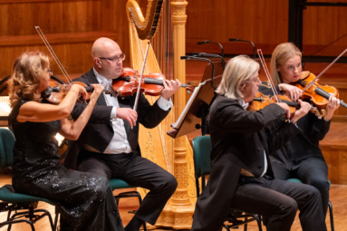 zdjęcie skrzypków orkiestry kameralnej skupionych na grze podczas koncertu