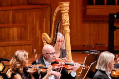 zdjęcie kobiety w siwych włosach i okularach z czerwonymi oprawkami, grającej na harfie, ustawionej za sekcją skrzypiec pierwszych